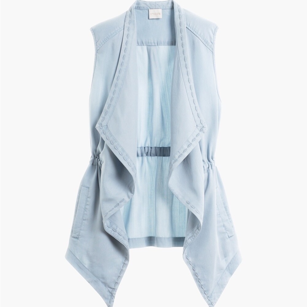 Chico's Vest Light Powder Blue Chambray Open Front Vest size 1    8 Medium NWT